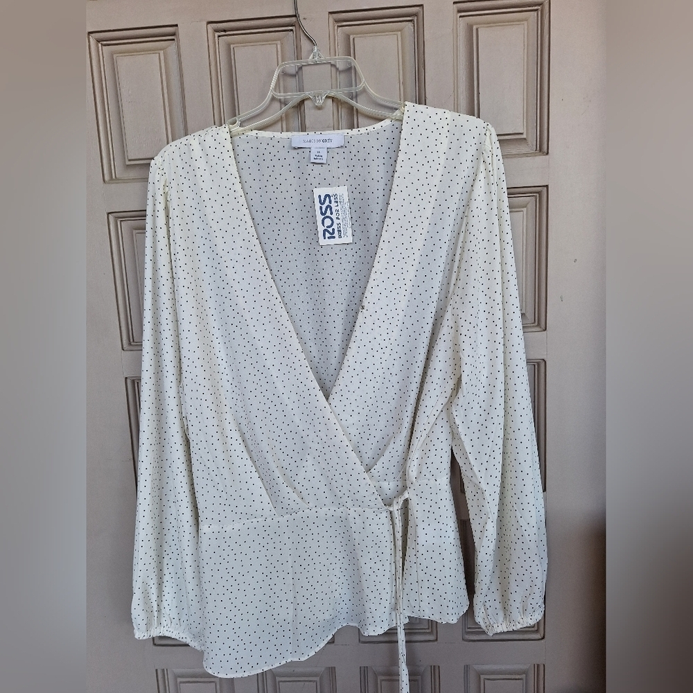 MadisonGrey Wrap Blouse Plus SzXL White Dotted Long Sleeve Peplum New W Tags